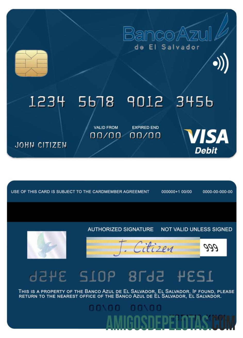 Cartão de Débito Visa El Salvador Banco Azul De El Salvador modelo